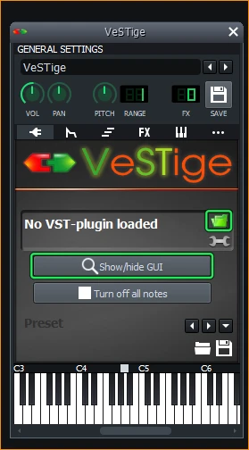 VeSTige with No VST-plugin loaded, the green folder icon at its right and Show/hide GUI below