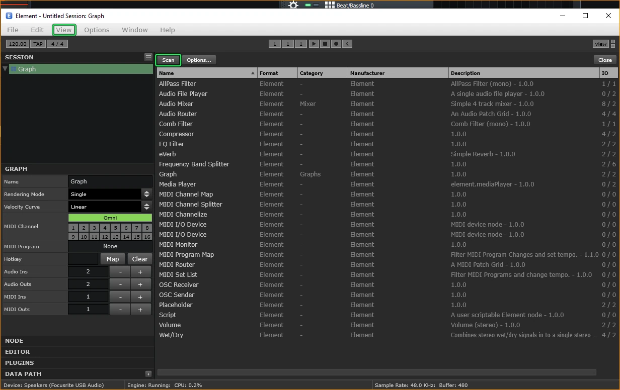 The Element app's Plugin Manager with the Scan button at the top left