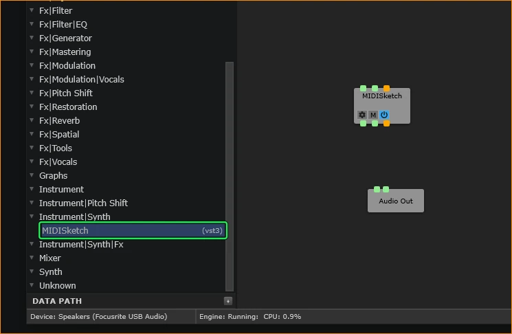 Element's PLUGINS list open at Instrument|Synth, with MIDISketch (vst3) selected