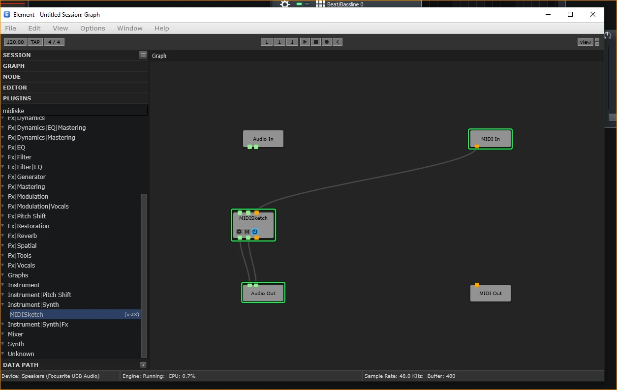 Element's graph with MIDI In wired to MIDISketch and MIDISketch's two audio outputs wired to Audio Out