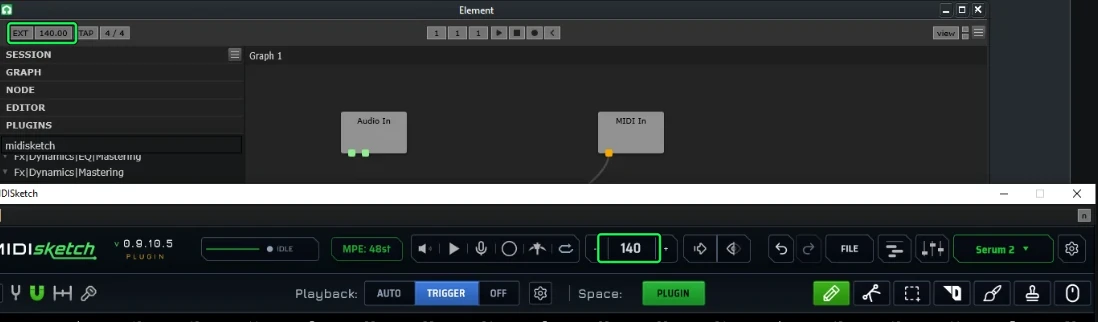 EXT on: Element shows 140.00 and MIDISketch shows 140, matching LMMS