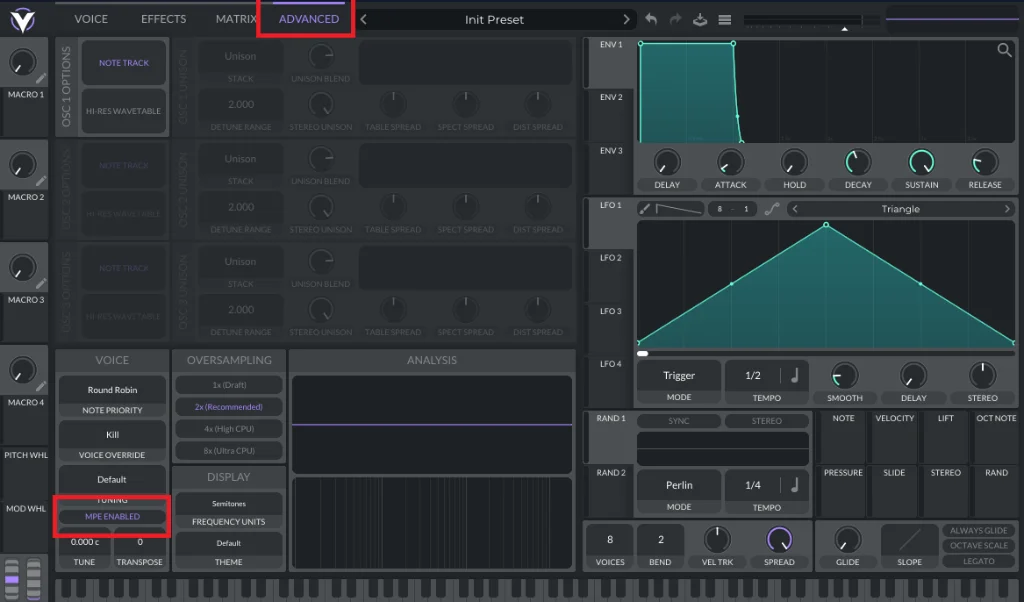 Vital MPE setup: ADVANCED tab, bottom-left, enable MPE